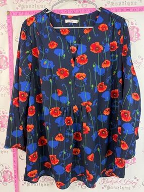Marybelle Floral V-Neck Long Sleeve Tunic Top - Navy with Red & Blue Poppies